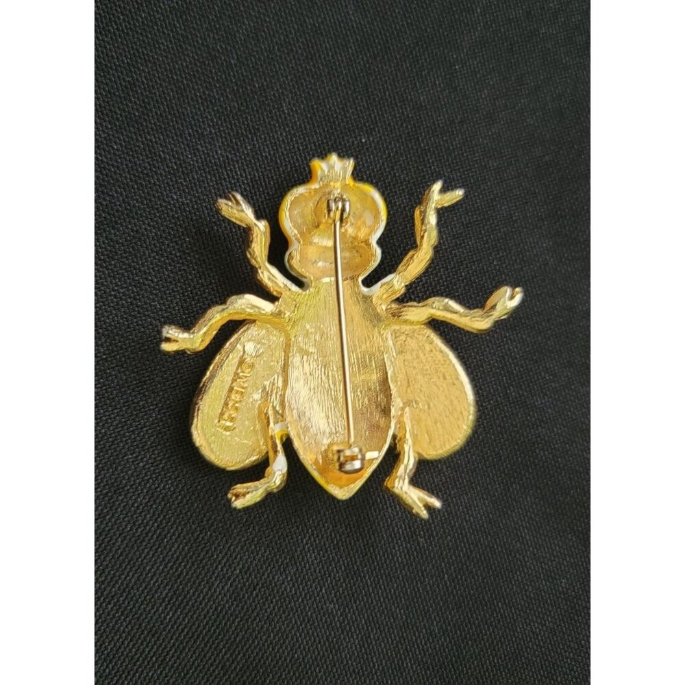 Vintage WEISS Enamel Fly Brooch w/ Green Rhinestones Insect Pin Jewelry SIGNED - Picture 3 of 8